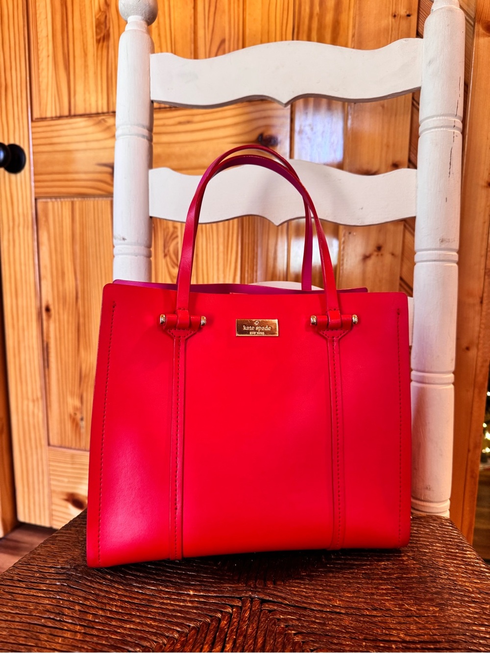 Kate Spade New York Red Leather Tote Bag Pink Interior Satchel Bag